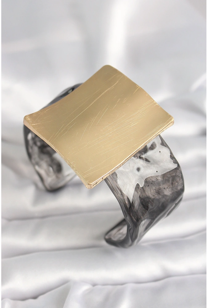 Shoecide Siyah Mermer Desen Akrilik Plastik Gold Kare Plaka Model Vintage Kadın Bilezik