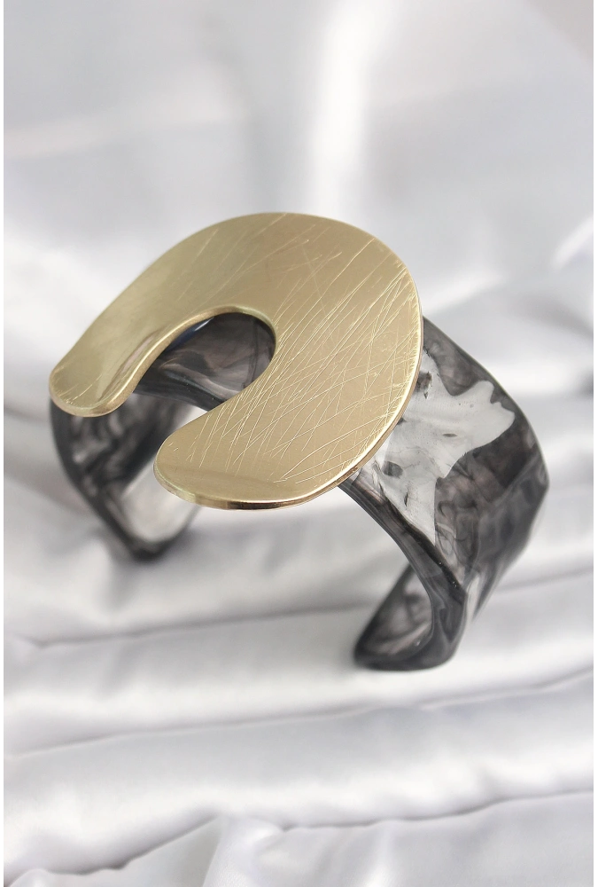 Shoecide Siyah Mermer Desen Akrilik Plastik Gold Nal Model Plaka Vintage Kadın Bilezik