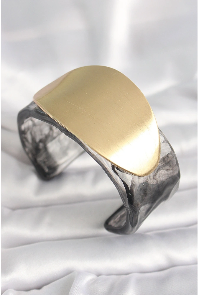 Shoecide Siyah Mermer Desen Akrilik Plastik Gold Oval Plaka Model Vintage Kadın Bilezik