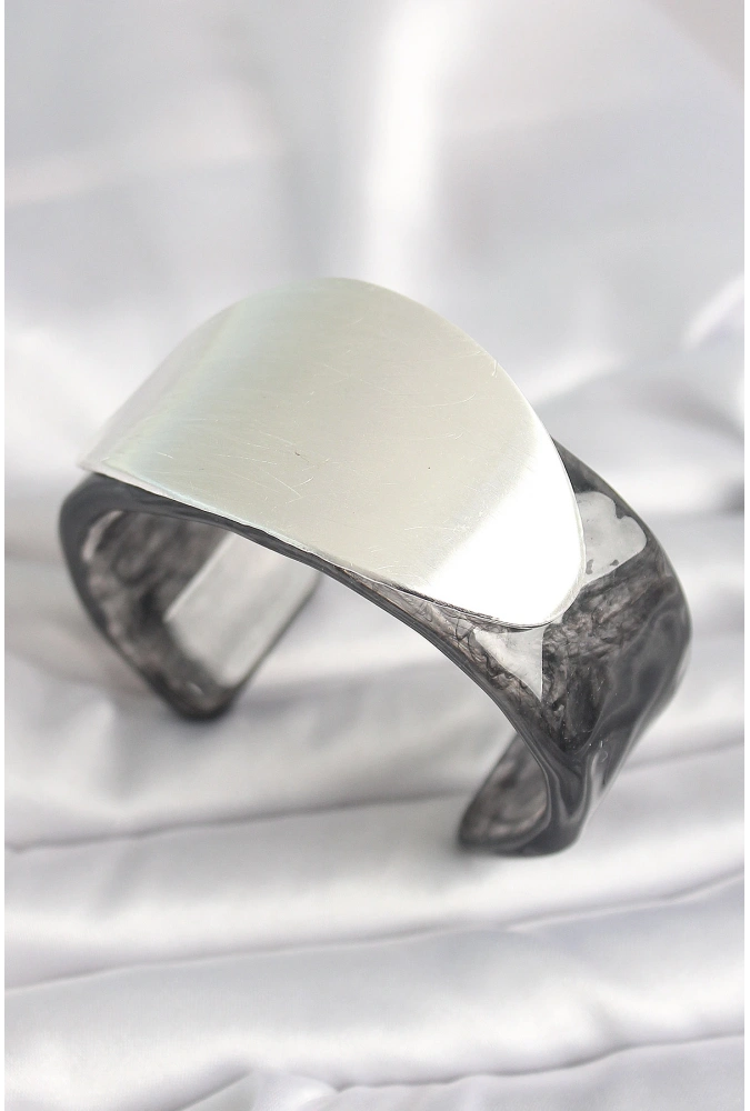 Shoecide Siyah Mermer Desen Akrilik Plastik Gümüş Oval Plaka Model Vintage Kadın Bilezik