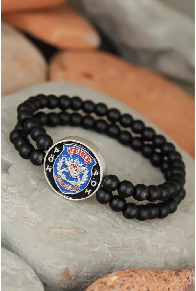 Shoecide Siyah Renk Çift Sıra Oniks Doğal Taş Pöh Tasarımlı Erkek Bileklik