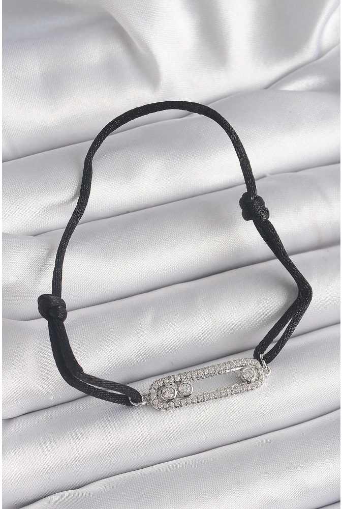 Shoecide Siyah Renk İpli Asansör Zirkon Taşlı Gümüş Messika Model Kadın Bileklik