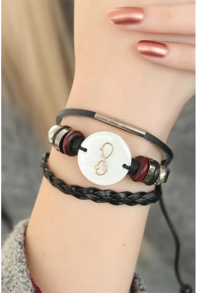 Shoecide Siyah Renk Sonsuzluk Ve Atatürk İmza Tasarım Çoklu Deri Bayan Bileklik