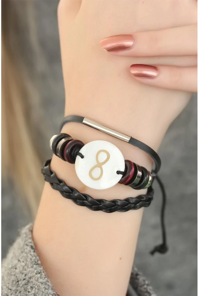 Shoecide Siyah Renkli Sonsuzluk Tasarım Çoklu Deri Bayan Bileklik