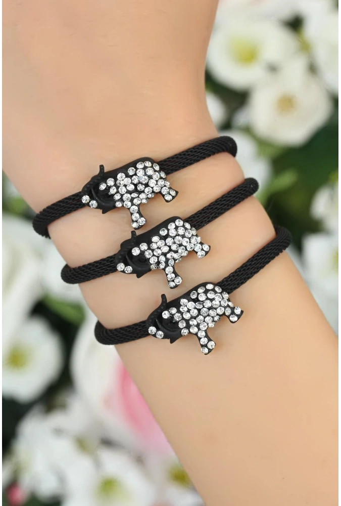 Shoecide Siyah  Zirkon Taşlı Fil Aksesuarlı Metal Bayan Bileklik