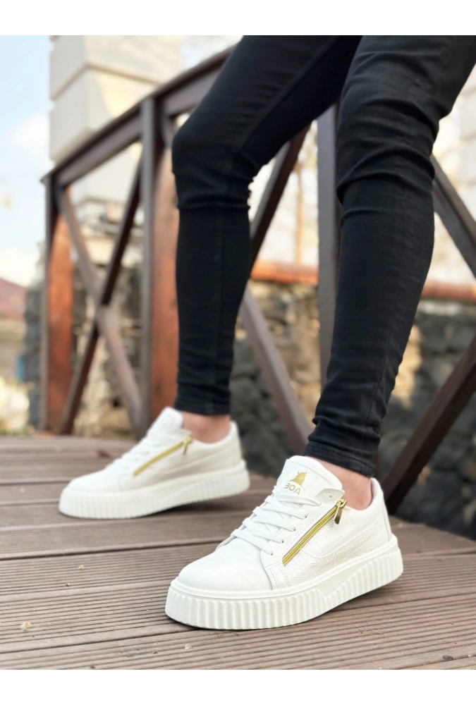 Shoecide Snr-308 Boa Kalın Yüksek Taban Çift Fermuarlı Beyaz Erkek Ayakkabı