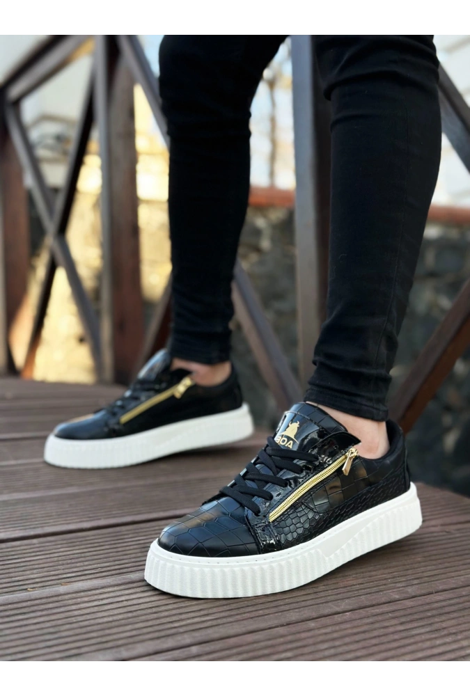 Shoecide Snr-308 Boa Kalın Yüksek Taban Çift Fermuarlı Siyah Beyaz Erkek Ayakkabı
