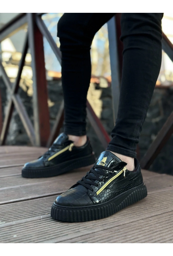 Shoecide Snr-308 Boa Kalın Yüksek Taban Çift Fermuarlı Siyah Siyah Erkek Ayakkabı