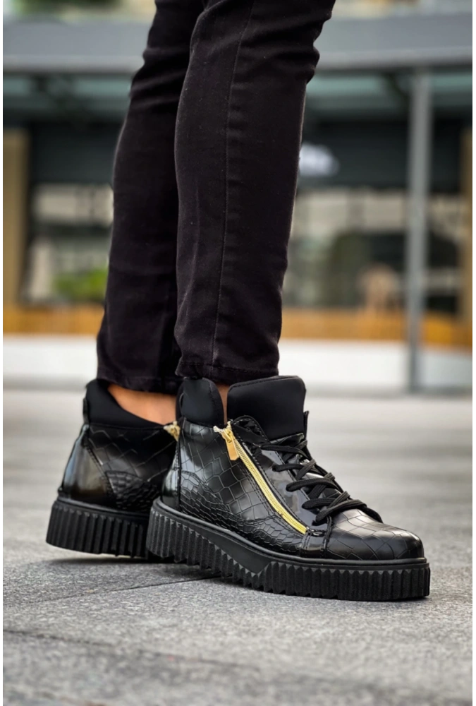 Shoecide Snr-512 Boa Kalın Yüksek Siyah Taban Çift Fermuarlı Siyah Erkek Spor Bot