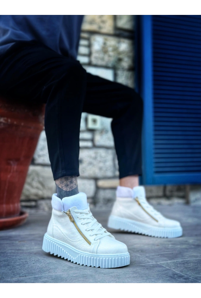 Shoecide Snr-512 Boa Kalın Yüksek Taban Çift Fermuarlı Beyaz Erkek Spor Bot