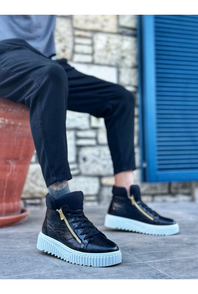 Shoecide Snr-512 Boa Kalın Yüksek Taban Çift Fermuarlı Siyah Erkek Spor Bot