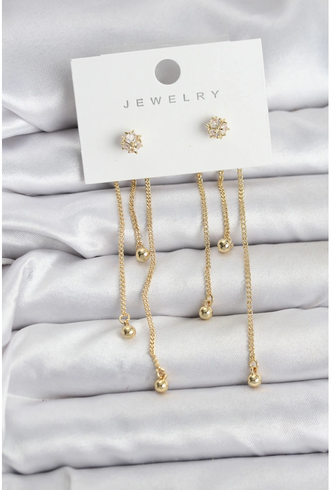 Shoecide Topçuk Model Gold Renk Pirinç Sallantılı Kadın Küpe Seti