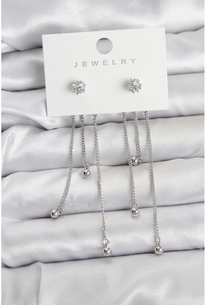 Shoecide Topçuk Model Gümüş Renk Pirinç Sallantılı Kadın Küpe Seti