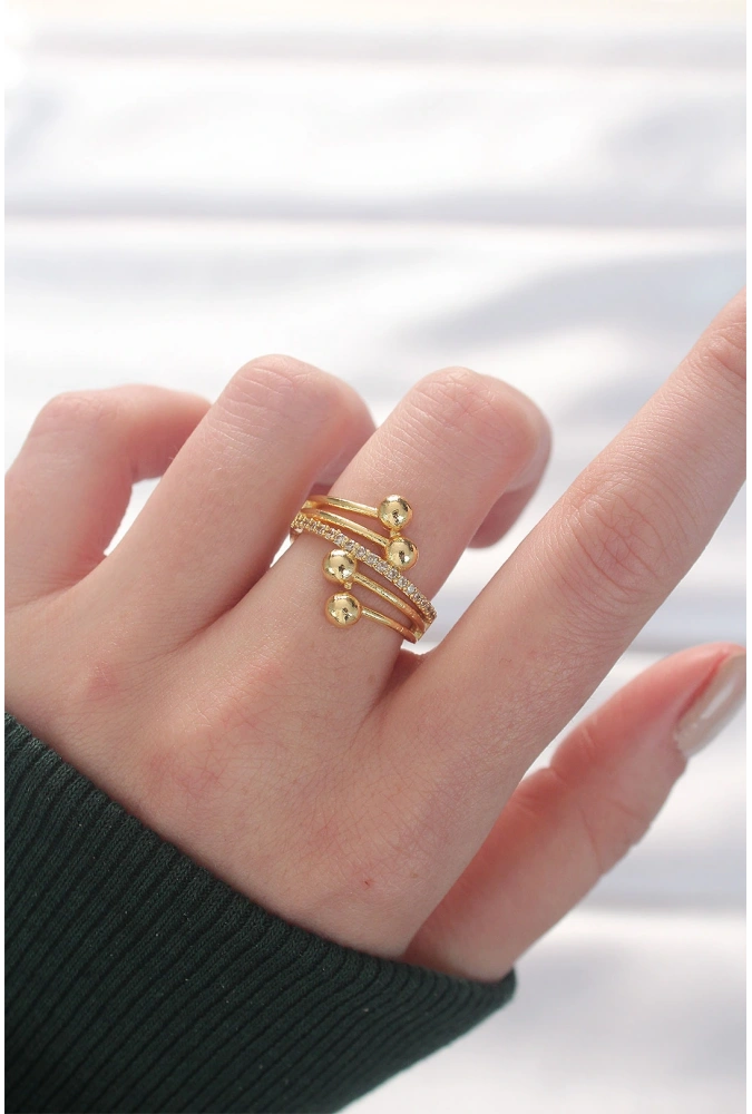 Shoecide Topçuk Model Zirkon Taşlı Gold Renk Ayarlanabilir Yüzük