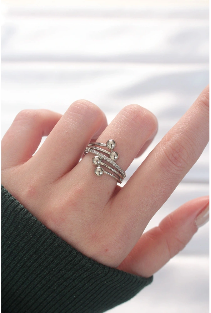 Shoecide Topçuk Model Zirkon Taşlı Silver Renk Ayarlanabilir Yüzük