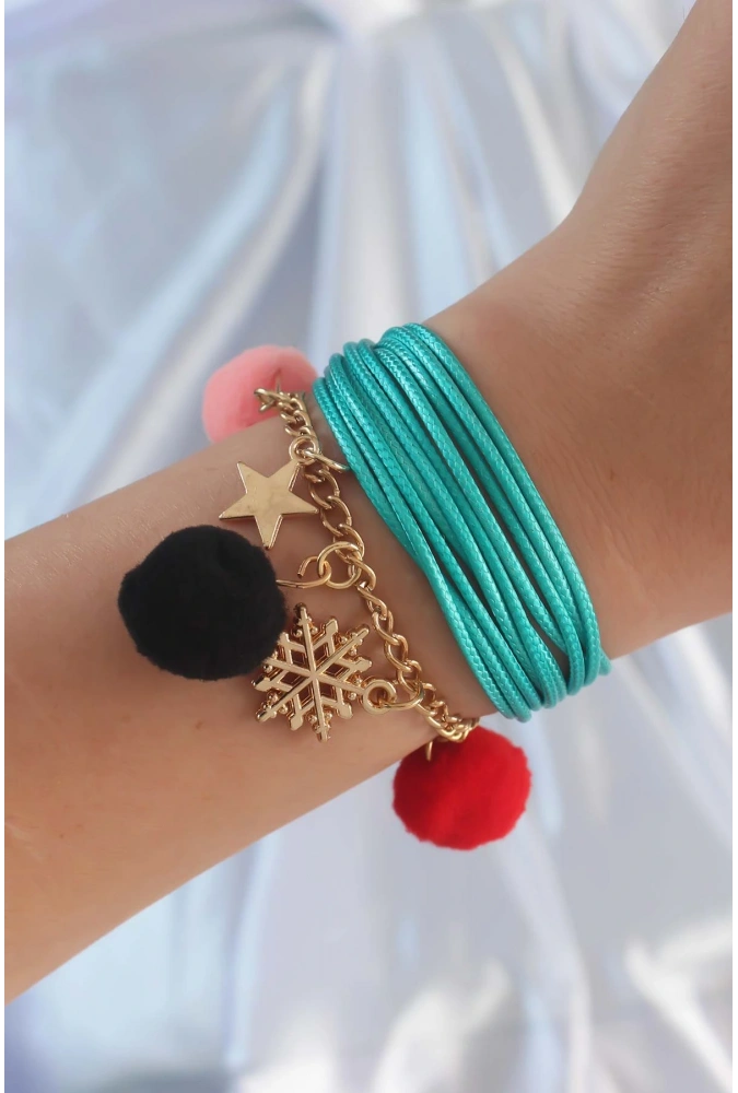 Shoecide Turkuaz Renk Kar Tanesi Figür Zincir Detay İpli Çoklu Bileklik