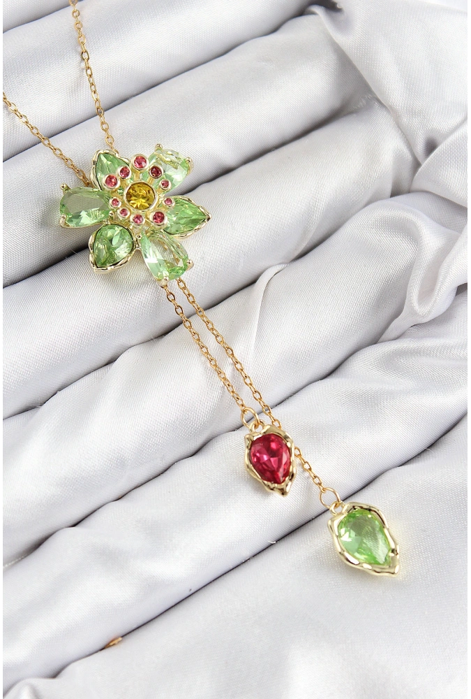 Shoecide Vıp Pirinç Zirkon Taşlı Çiçek Model Gold Renk Asansörlü Kadın Kolye