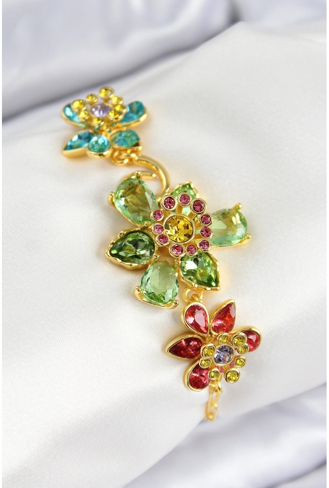 Shoecide Vıp Pirinç Zirkon Taşlı Çiçek Model Gold Renk Kadın Bileklik