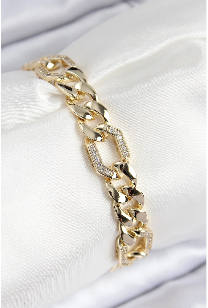 Shoecide Vıp Pirinç Zirkon Taşlı Parçalı Zincir Model Gold Renk Kadın Bileklik