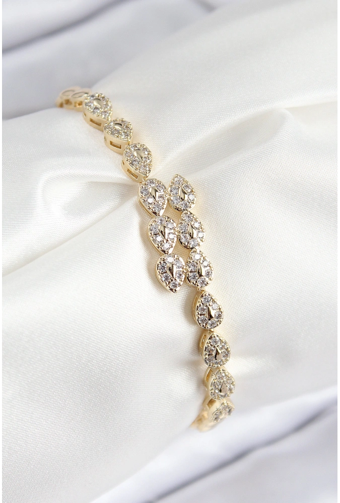 Shoecide Vıp Pirinç Zirkon Taşlı Sıralı Damla Model Gold Renk Kadın Bileklik