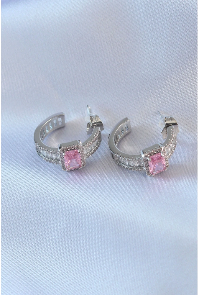 Shoecide Vıp Seri Gümüş Renk Yarım Halka Model Zirkon Taşlı Pirinç Kadın Küpe