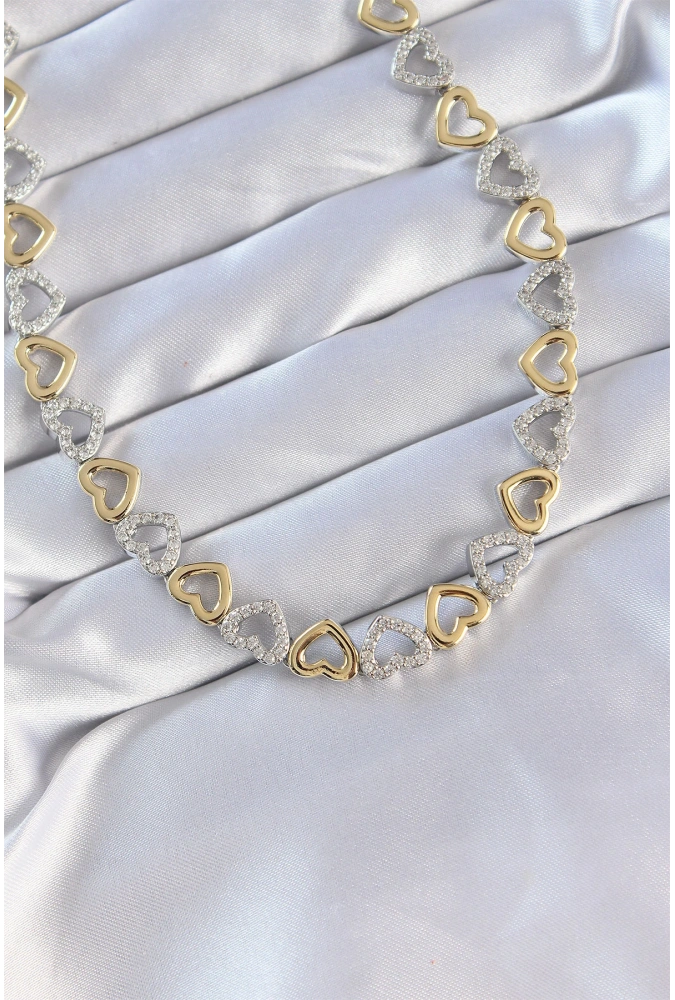 Shoecide Vip Seri Pirinç Çift Renk Zirkon Taşlı İçi Boş Kalp Tasarımlı Kolye