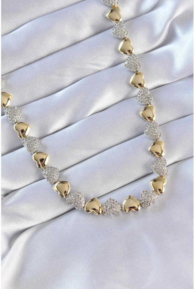 Shoecide Vip Seri Pirinç Çift Renk Zirkon Taşlı Kalp Tasarımlı Kolye