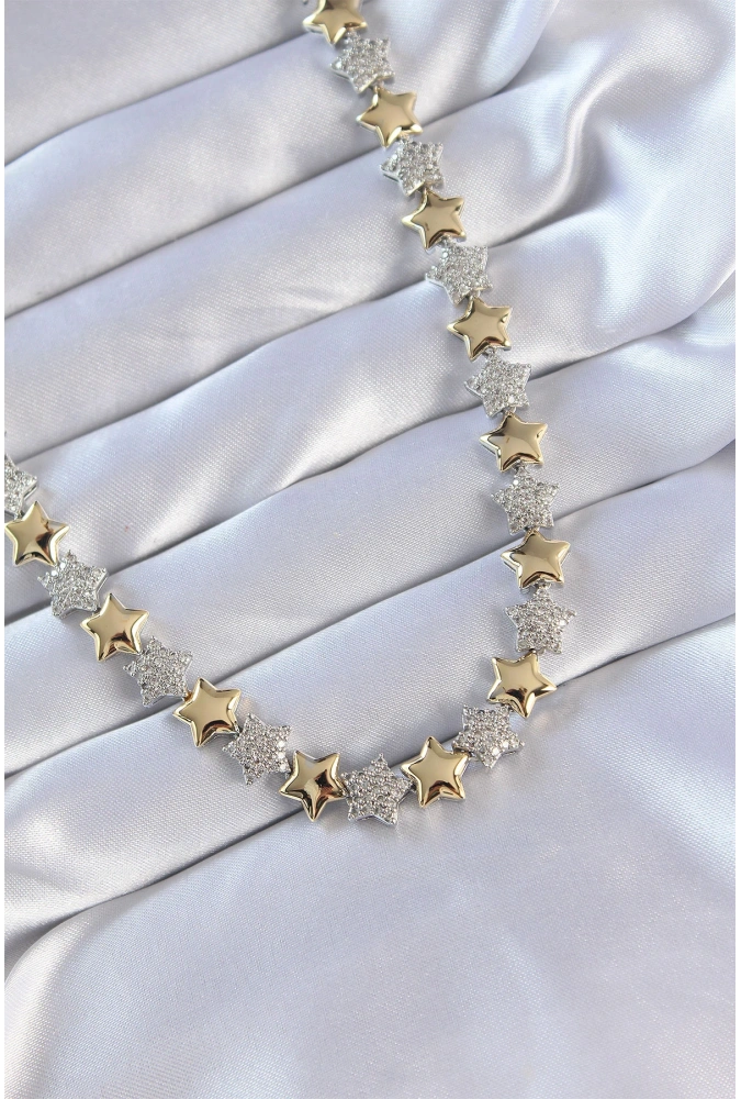 Shoecide Vip Seri Pirinç Çift Renk Zirkon Taşlı Yıldız Tasarımlı Kolye