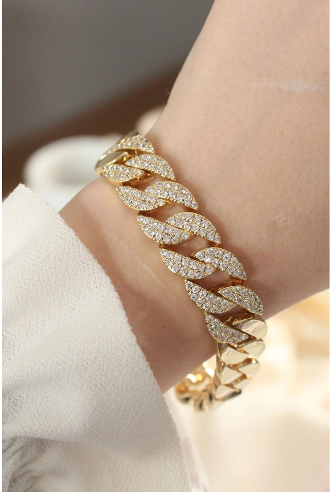 Shoecide Vip Seri Pirinç Ortası Zirkon Taşlı Gold Renk Gurmet Bileklik