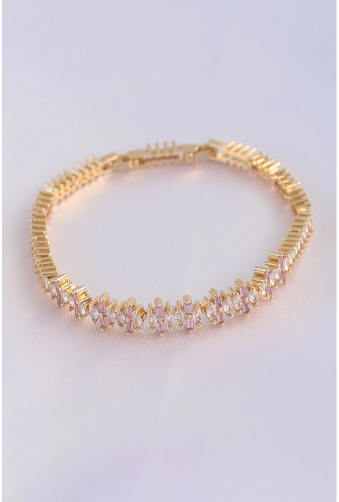 Shoecide Vip Seri Pirinç Pembe Zirkon Taşlı Gold Renk Baget Model Bileklik