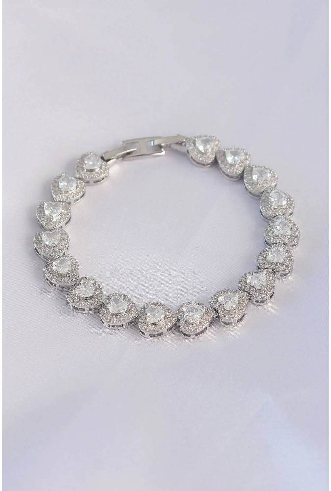 Shoecide Vip Seri Pirinç Zirkon Taşlı Gümüş Renk Kalp Model Bileklik