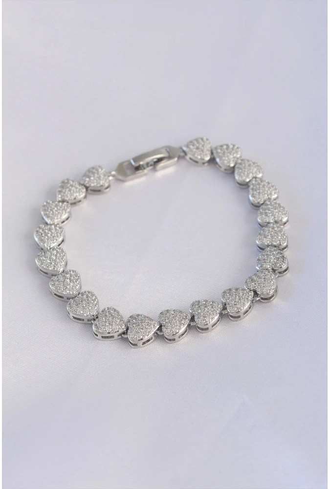 Shoecide Vip Seri Pirinç Zirkon Taşlı Gümüş Renk Kalp Model Bileklik