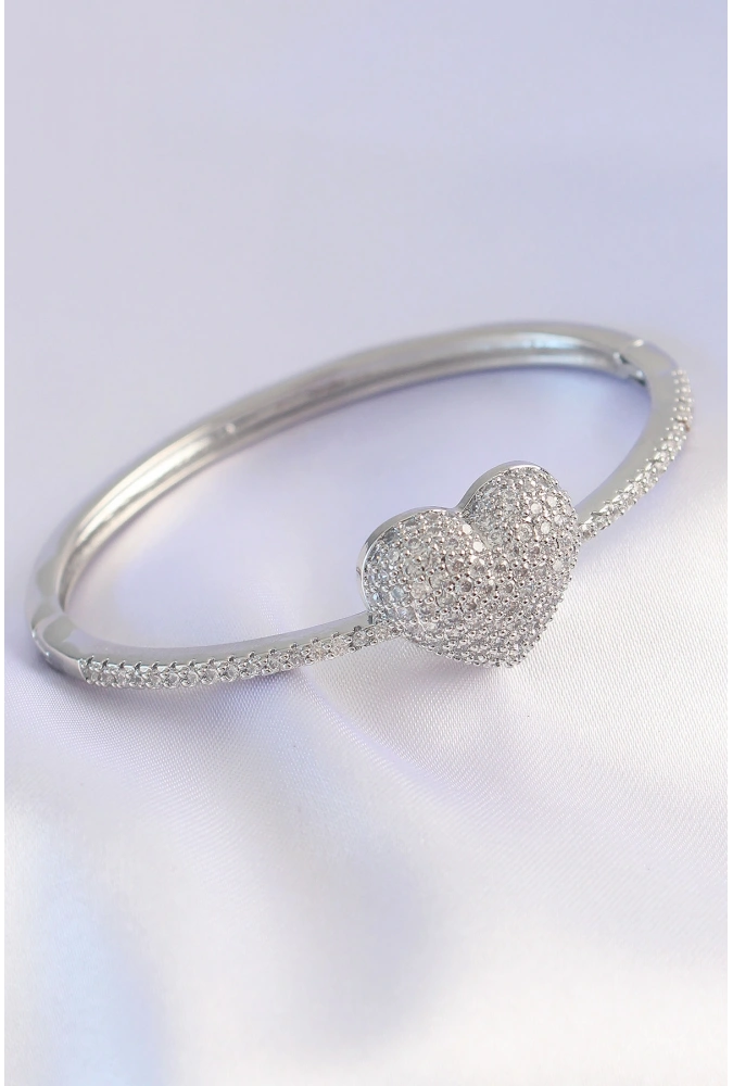 Shoecide Vip Seri Pirinç Zirkon Taşlı Gümüş Renk Kalp Model Kelepçe