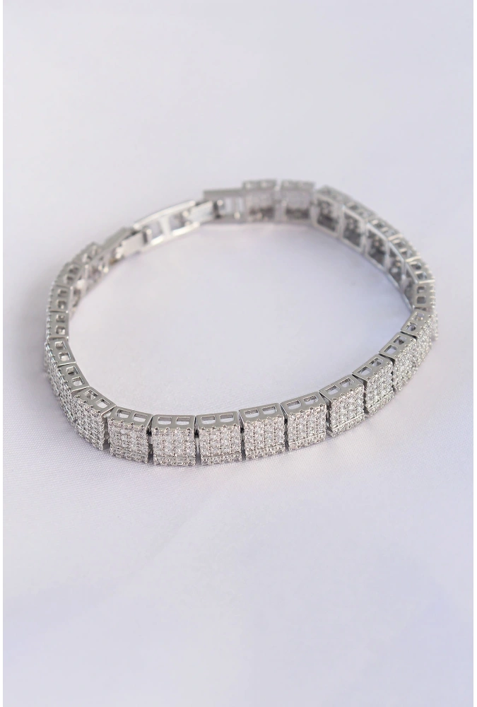 Shoecide Vip Seri Pirinç Zirkon Taşlı Gümüş Renk Kare Su Yolu Model Bileklik