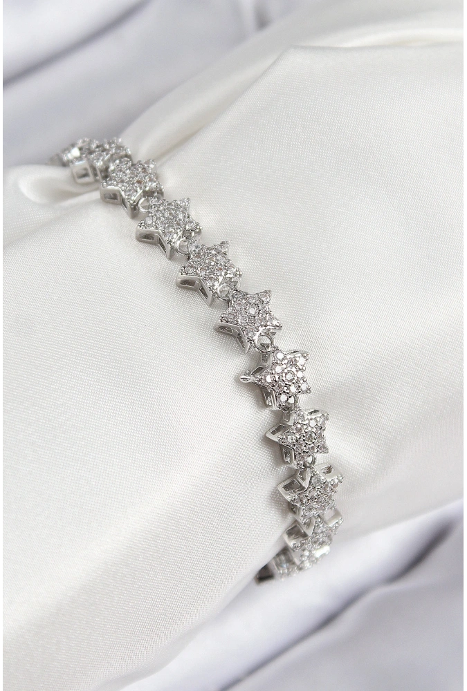 Shoecide Vıp Seri Pirinç Zirkon Taşlı Sıralı Yıldız Model Gümüş Renk Kadın Bileklik