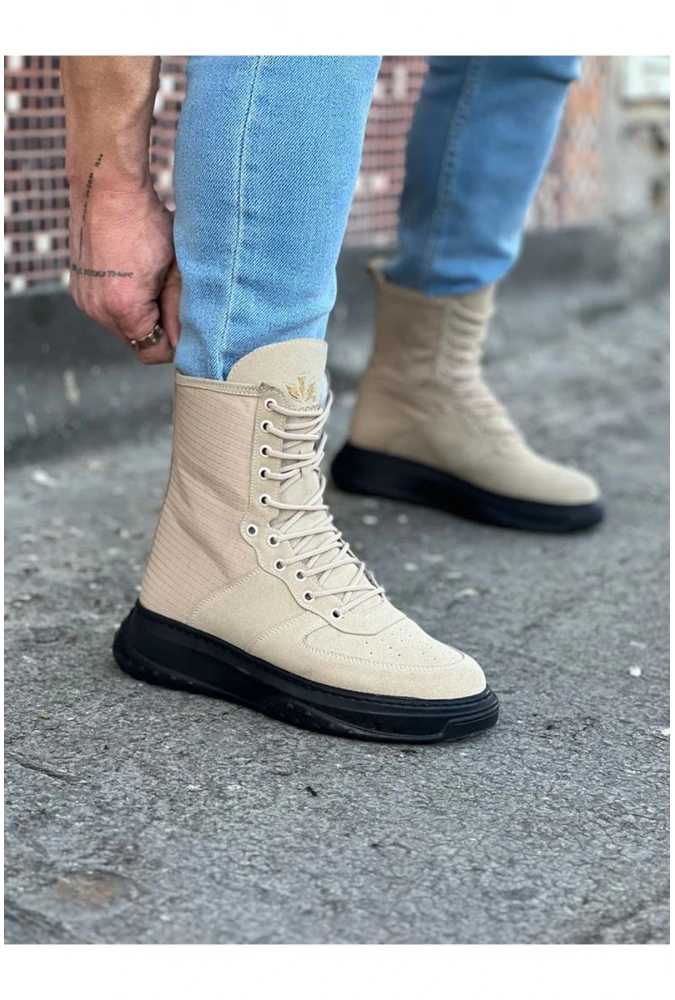 Shoecide Wg012 Bej Kömür Süet Uzun Bağcıklı  Bot