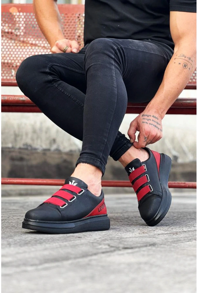 Shoecide Wg029 3 Bant Legend Kömür Kırmızı Kalın Taban Casual Erkek Ayakkabı