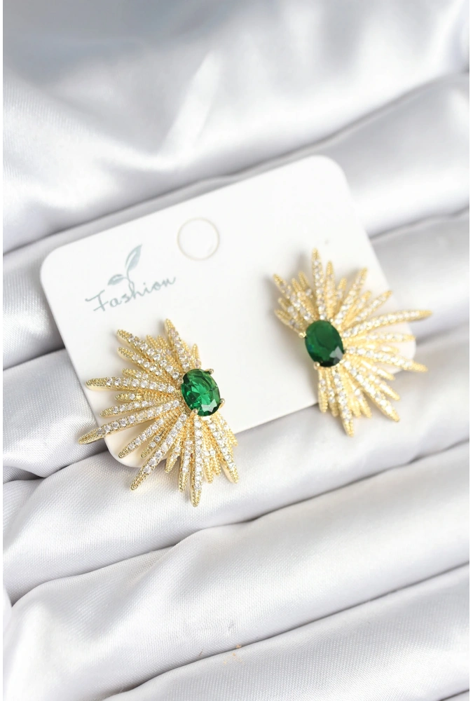 Shoecide Yeşil Taş Detaylı Zirkon Taşlı Gold Renk Pirinç Kadın Küpe