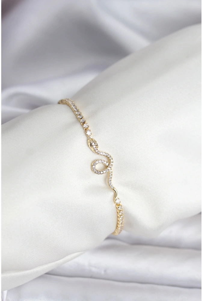 Shoecide Yılan Model Zirkon Taşlı Gold Renk Pirinç Su Yolu Kadın Bileklik