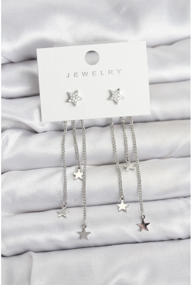 Shoecide Yıldız Model Gümüş Renk Pirinç Sallantılı Kadın Küpe