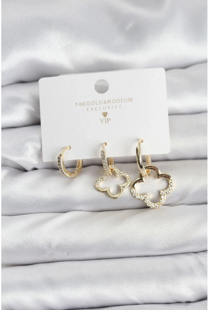 Shoecide Yonca Model Gold Renk Pirinç 3lü Kadın Küpe Seti