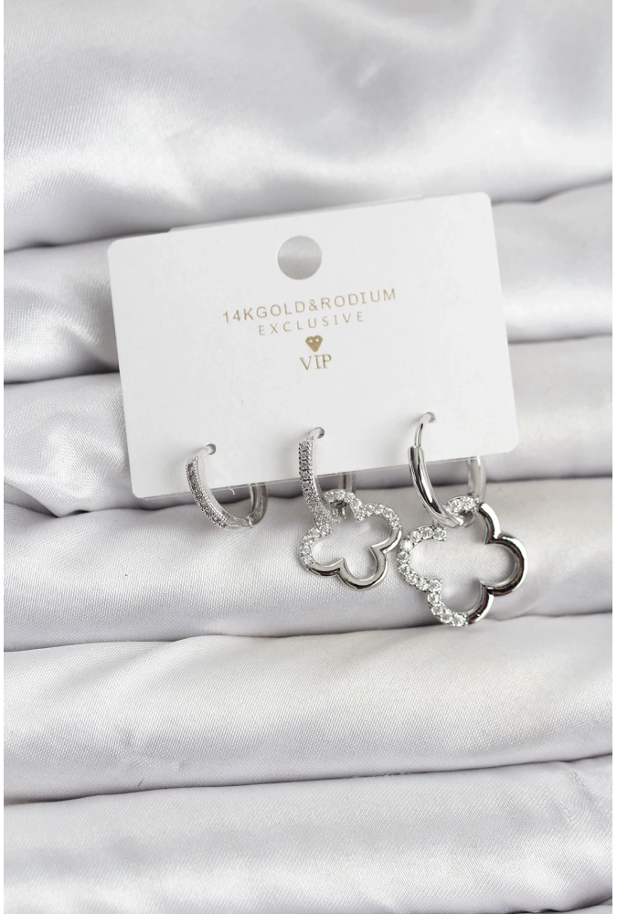 Shoecide Yonca Model Gümüş Renk Pirinç 3lü Kadın Küpe Seti