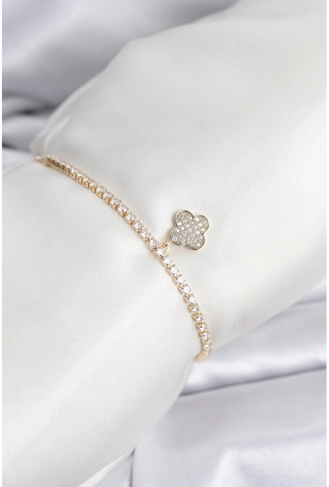 Shoecide Yonca Model Zirkon Taşlı Gold Renk Asansörlü Su Yolu Bileklik