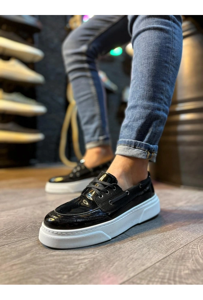 Shoecide Yüksek Taban Günlük Ayakkabı 700 Siyah Rugan (beyaz Taban)