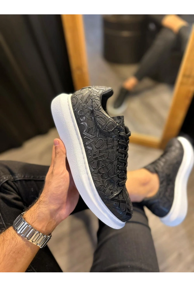 Shoecide Yüksek Taban Harf Desenli Günlük Ayakkabı 047 Siyah (beyaz Taban)