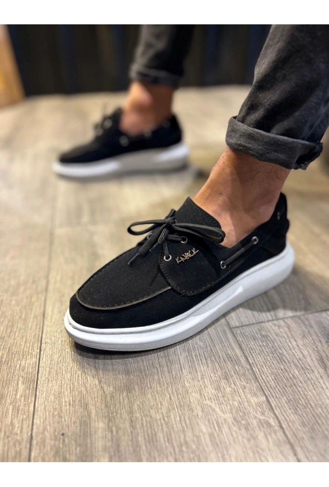 Shoecide Yüksek Taban Mevsimlik Süet Ayakkabı 009 Siyah (beyaz Taban)