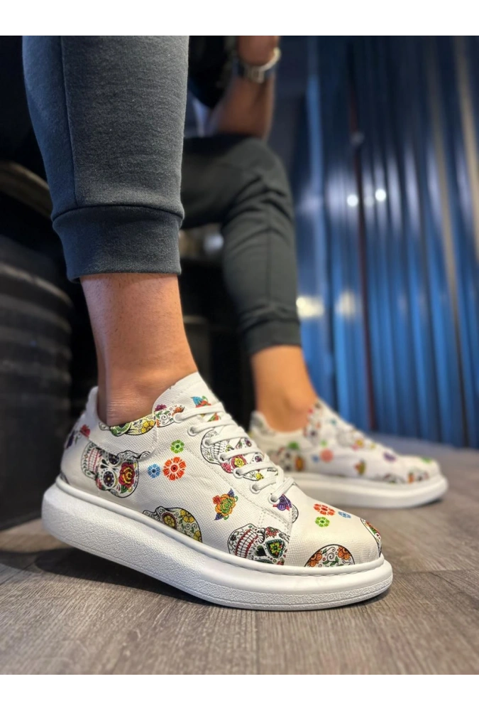 Shoecide Yüksek Taban Renkli Baskılı Günlük Ayakkabı 046 Beyaz Kurukafa