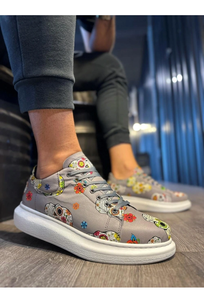 Shoecide Yüksek Taban Renkli Baskılı Günlük Ayakkabı 046 Gri