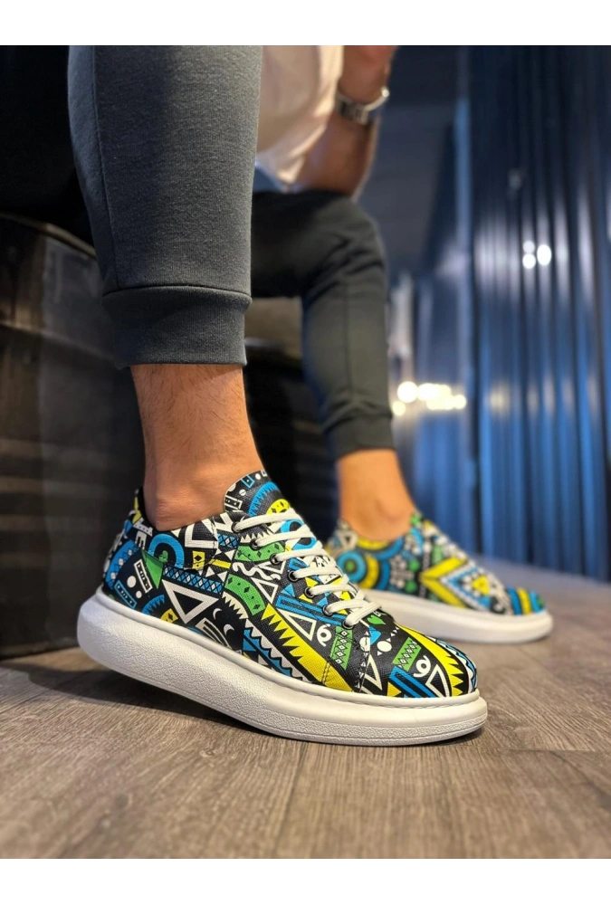 Shoecide Yüksek Taban Renkli Baskılı Günlük Ayakkabı 046 Sarı (beyaz Taban)