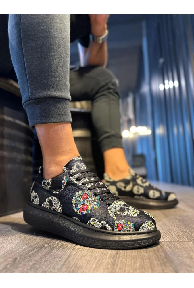 Shoecide Yüksek Taban Renkli Baskılı Günlük Ayakkabı 046 Siyah Kurukafa